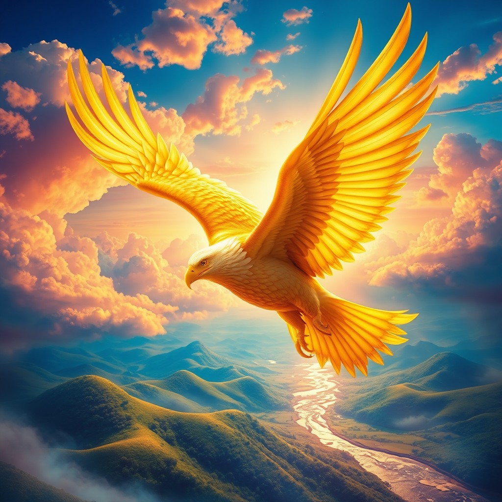 A majestic golden mystical eagle soaring through a vibrant sky filled with colorful clouds, its feathers shimmering in the sunlight