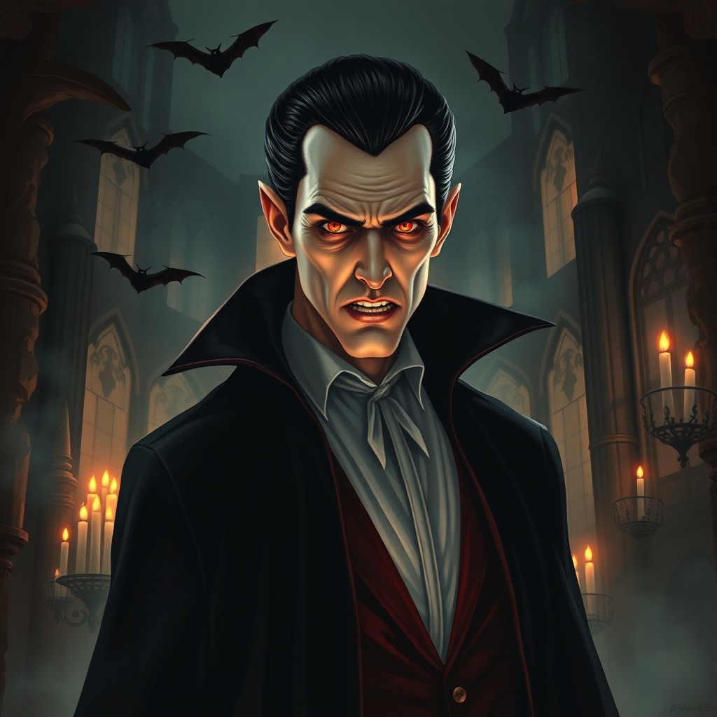 A dramatic and moody portrait of Count Dracula, featuring a tall, pale man with sharp fangs, slicked back black hair, and a flowing black cape