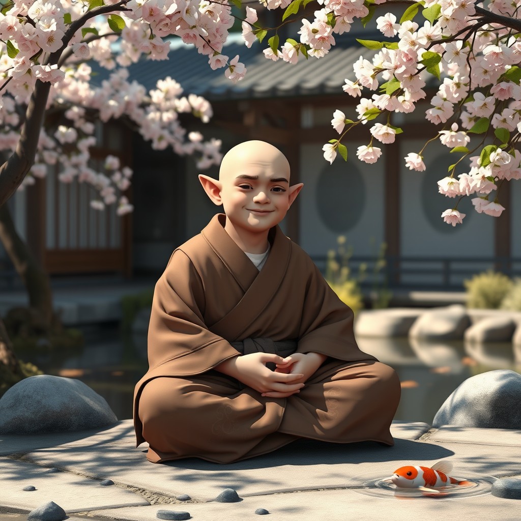 A bald halfling monk in a tranquil Zen garden, wearing simple brown robes with intricate patterns, sitting in a meditative pose on a smooth stone