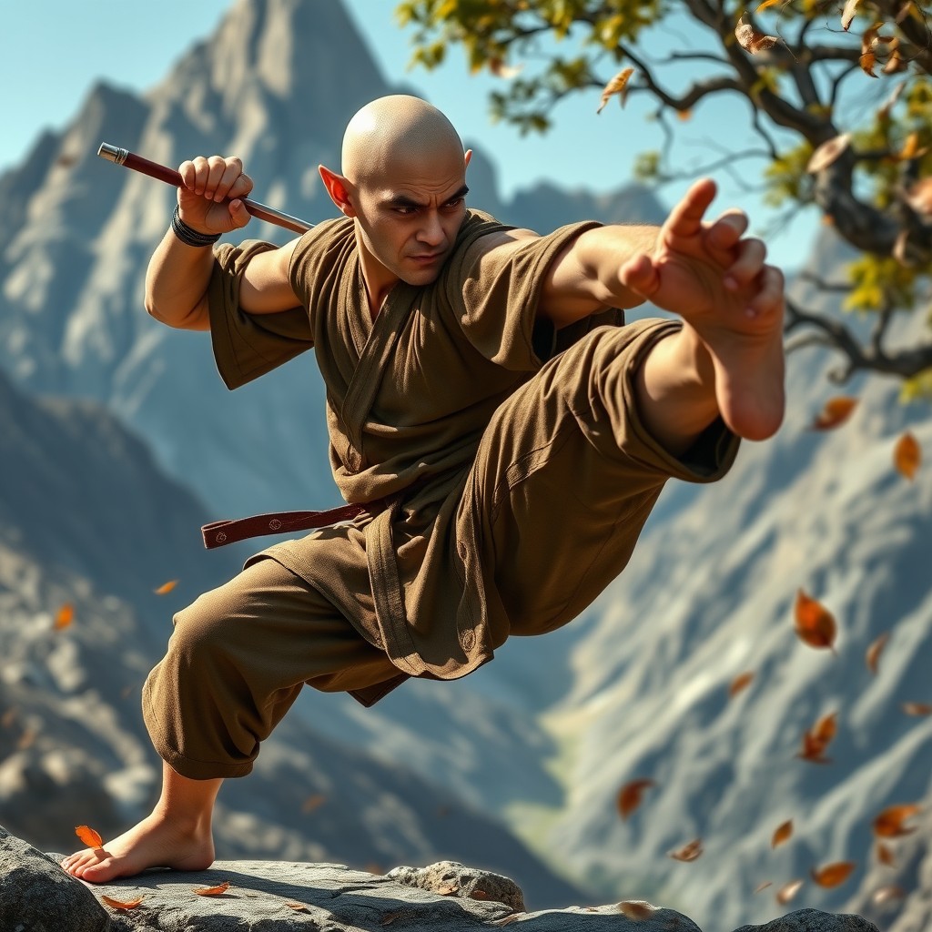 A bald halfling monk fighter in a dynamic martial arts pose, showcasing agility and strength