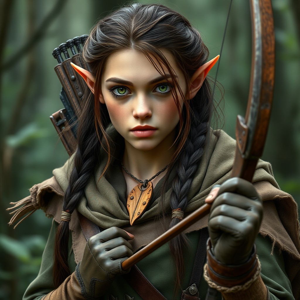 An elf explorer with fair skin lightly tanned from years in the sun, vibrant green eyes resembling fresh leaves after rain