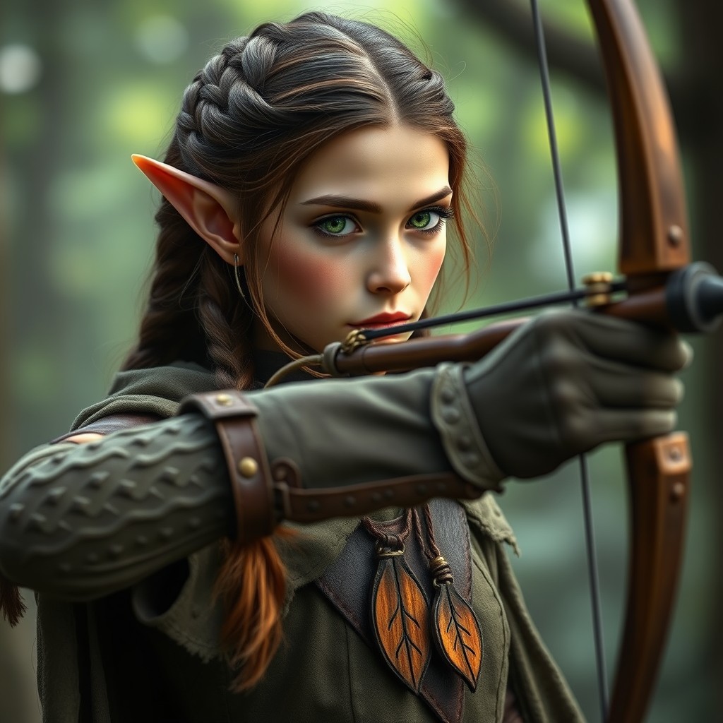 An elf with fair skin having a slight sun-kissed tan, intense green eyes resembling young leaves after rain