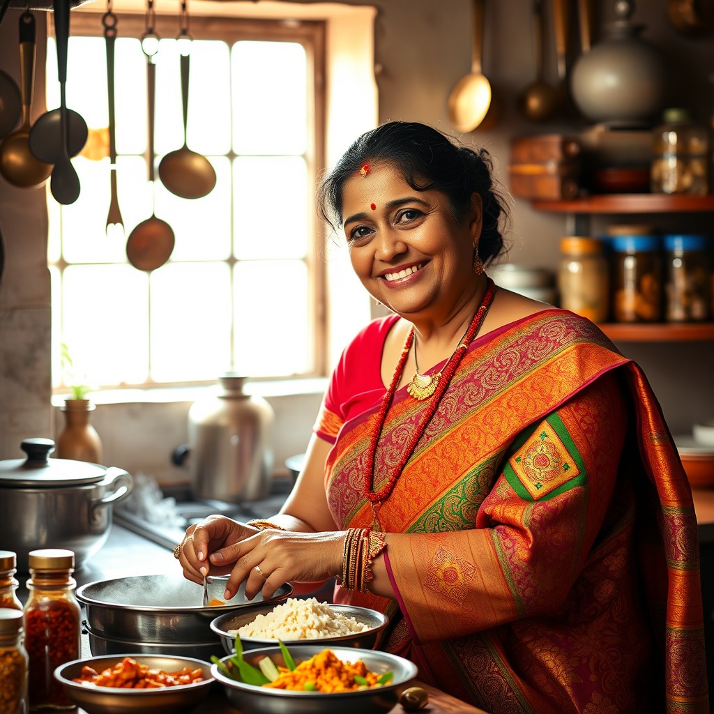 A warm and inviting scene featuring an Indian aunty in a vibrant traditional saree, adorned with intricate patterns