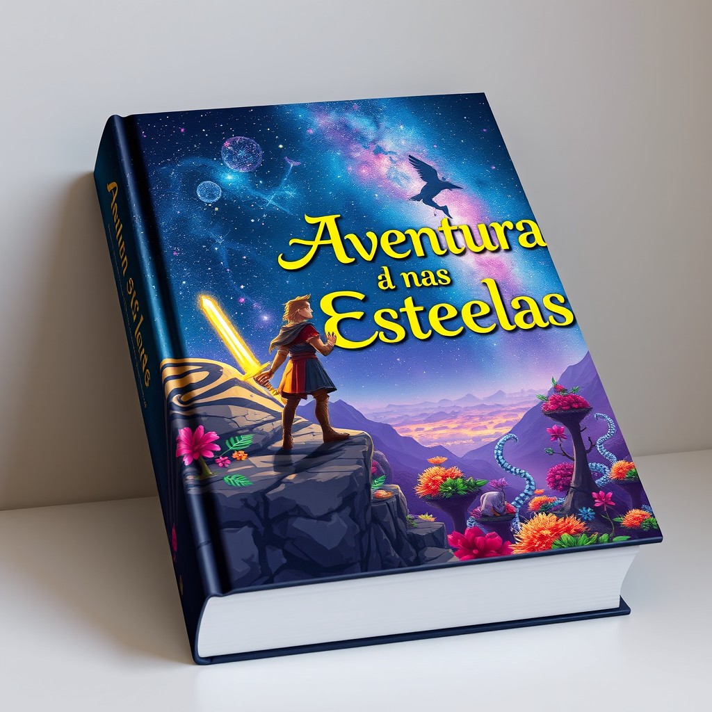 Design a captivating book cover for a fantasy novel titled 'Aventura nas Estrelas'