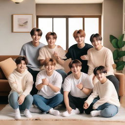 K-pop band Stray Kids playfully interacting with a cute, chubby baby amidst them, all of them dressed casually and displaying a wide range of positive emotions. The setting is a bright, cheerful living room.