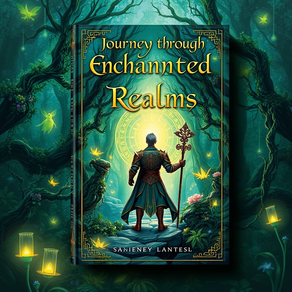 Create an enchanting book cover for a fantasy novel titled 'Journey Through Enchanted Realms'