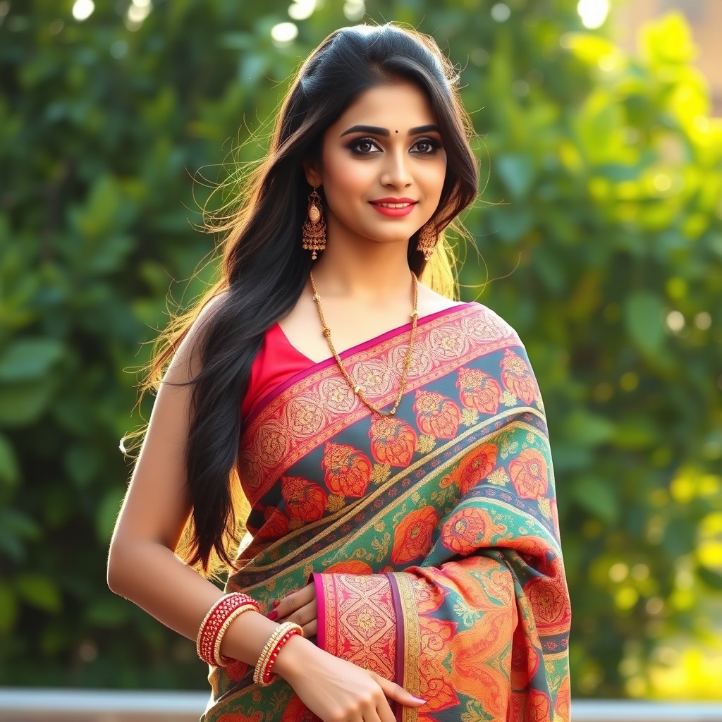 A beautiful and attractive Indian woman wearing a traditional saree, elegantly draped, showcasing intricate patterns and vibrant colors