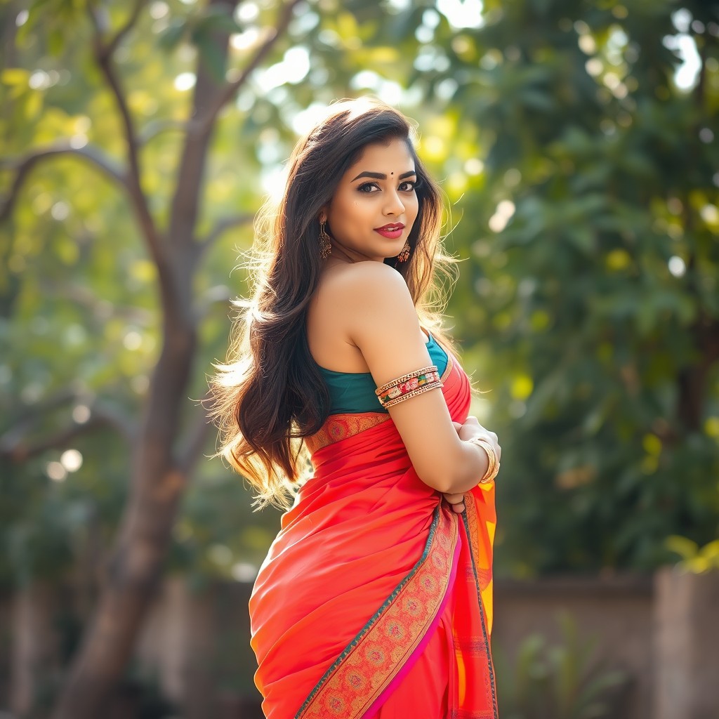 A stunning Indian woman with an attractive figure, confidently wearing a beautifully draped saree that accentuates her curves