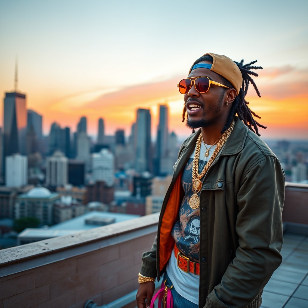 A stylish and confident rapper standing on a city rooftop at sunset, wearing a trendy outfit with bold colors and accessories