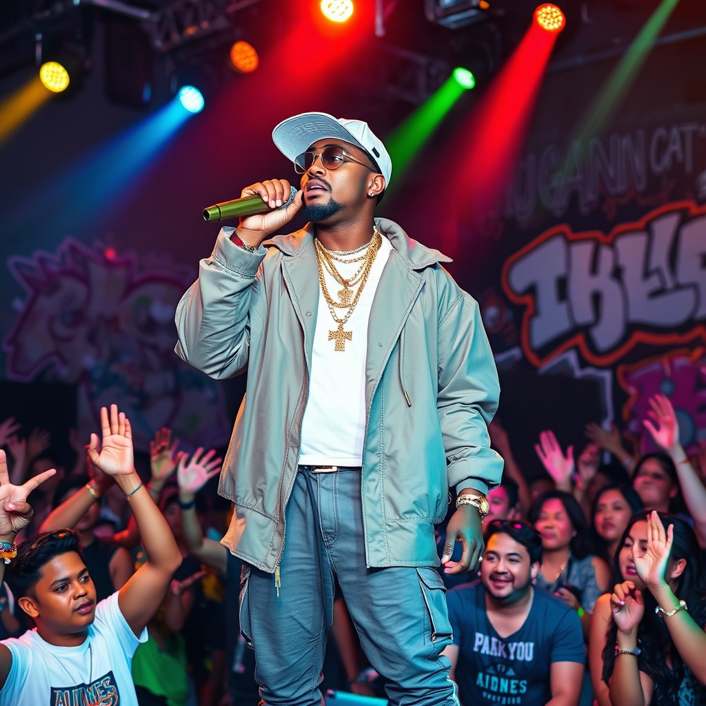 A confident rapper stands on a stage, mic in hand, surrounded by vibrant, energetic crowds under colorful stage lights