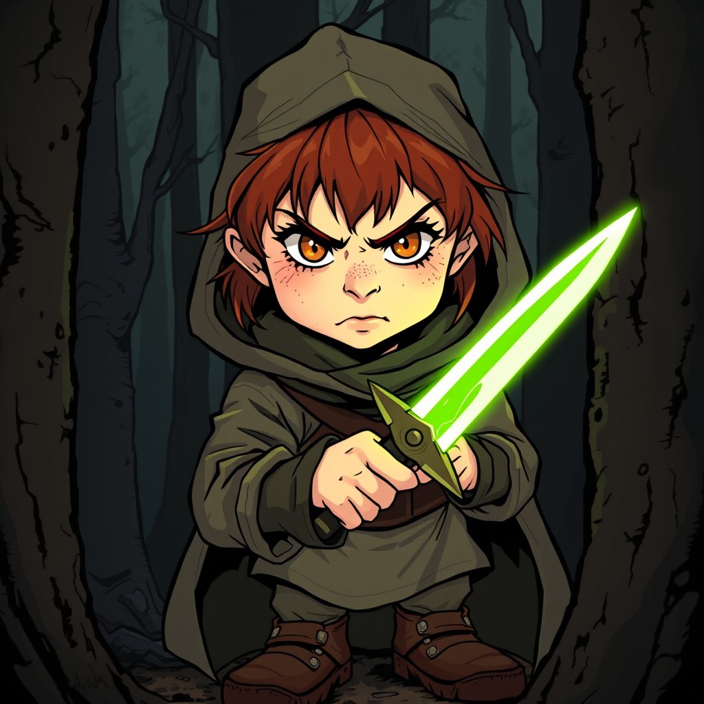 A female halfling rogue in a Dungeons & Dragons setting, featuring a short stature and a young freckled face with soft features and fair skin