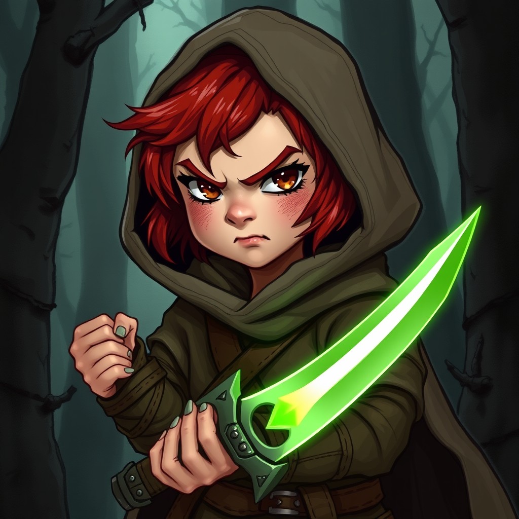 A female halfling rogue in a Dungeons & Dragons setting, characterized by her short stature and a young freckled face with soft features and fair skin
