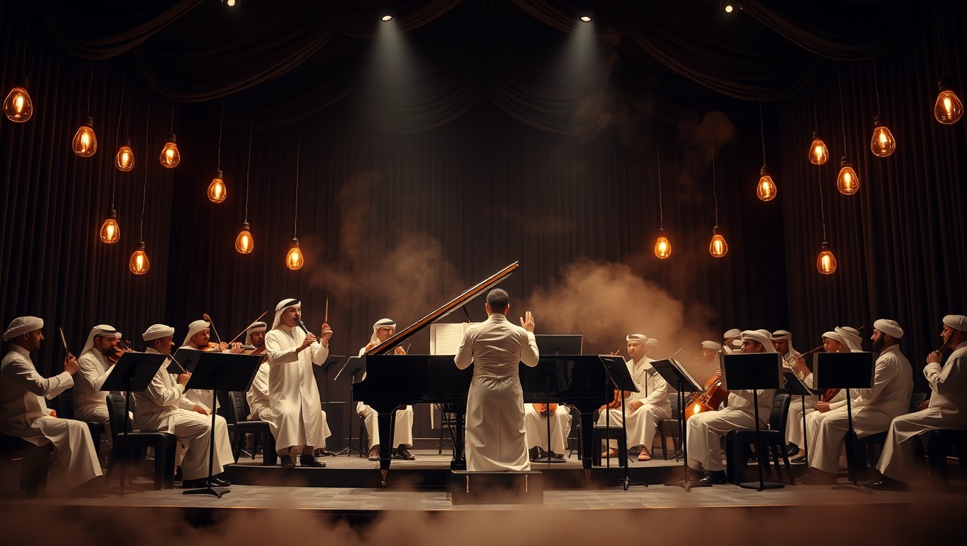 An enchanting scene of a classical orchestra with male musicians dressed in elegant national Kuwaiti white outfits, performing in a black draped theatre