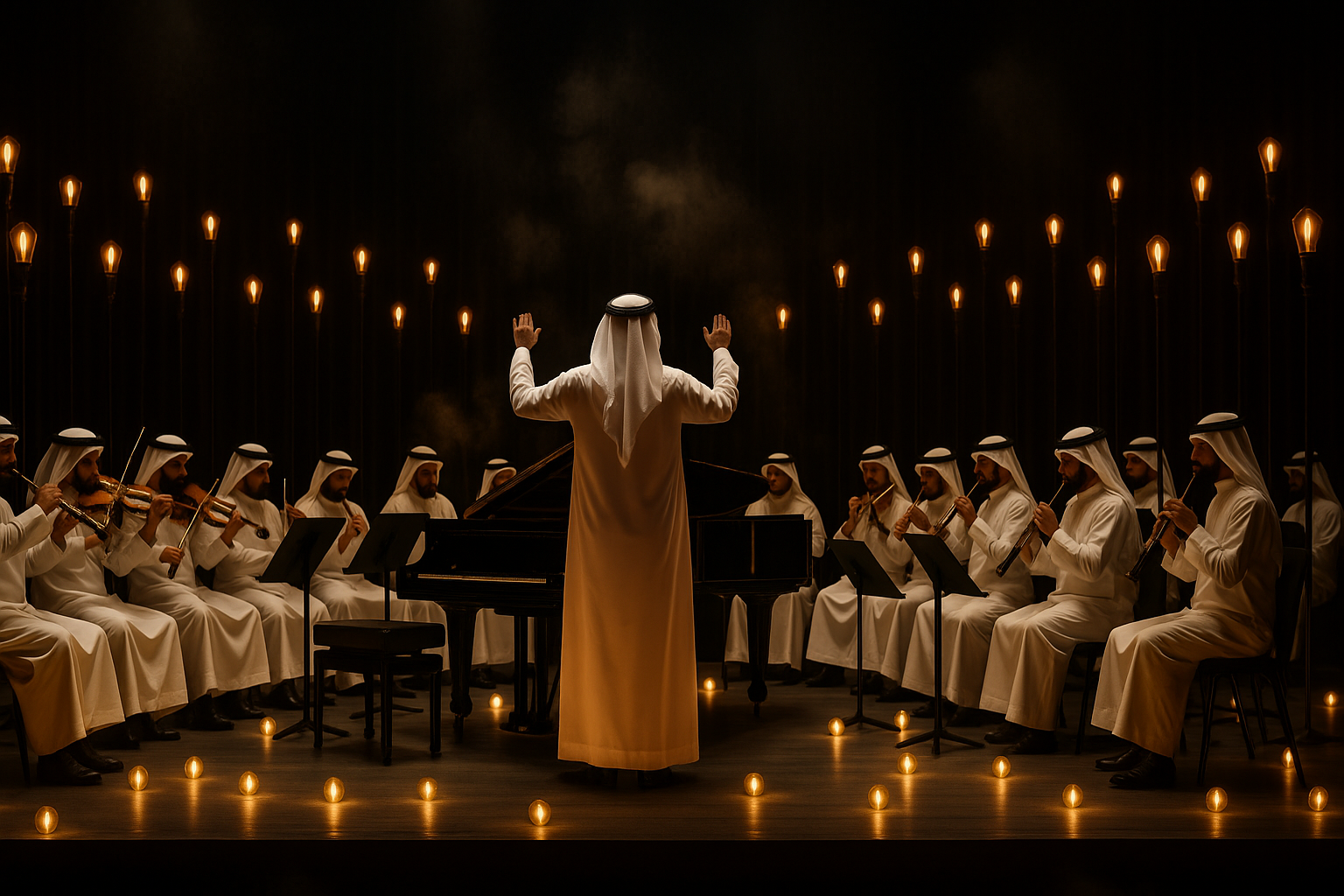 "Orchestra men classical national Kuwaiti white outfit with a grand piano black in a black draped theatre with very dark dimmed ambiance light and 40 warm colored bulbs standing on steel tall and high black poles standing and dispersed on stage floor decorating the stage and around the orchestra add some bulbs on floor level on short steel pipes very classy fancy dreamy with dreamy smoke in the air With a men conductor kuwaiti national white outfit"