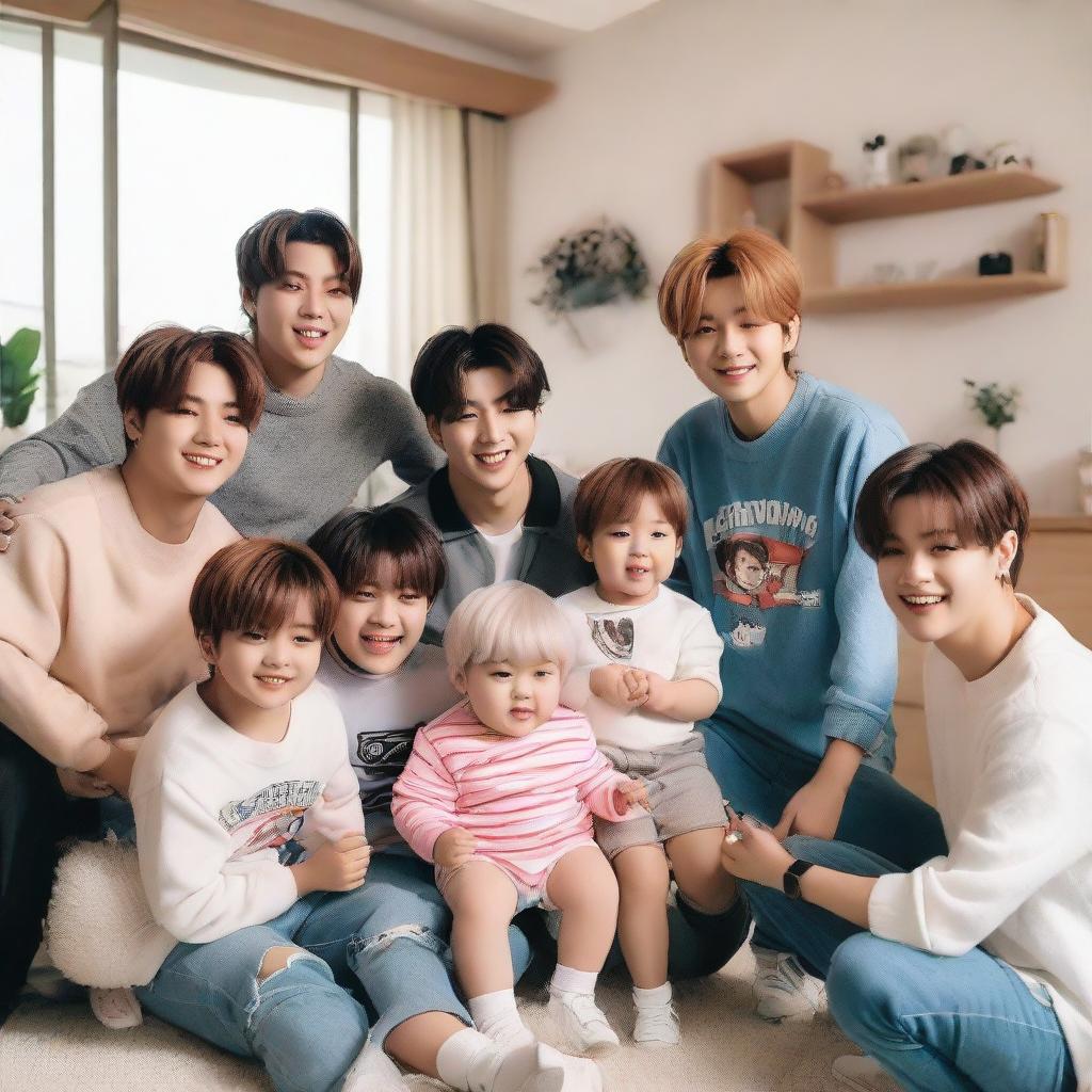 K-pop band Stray Kids playfully interacting with a cute, chubby baby amidst them, all of them dressed casually and displaying a wide range of positive emotions. The setting is a bright, cheerful living room.