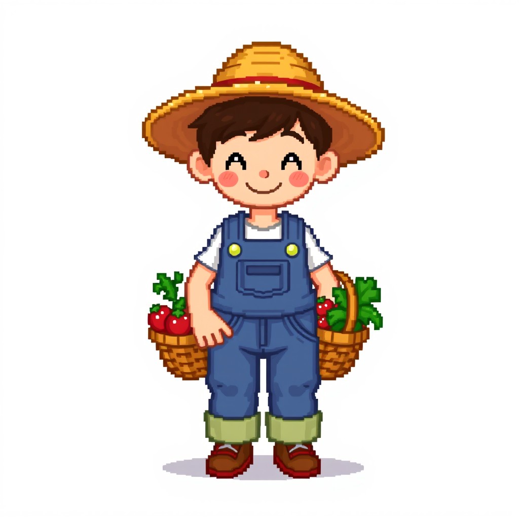 A 32x32 pixel art character styled like those from Stardew Valley, featuring a cheerful farmer with a straw hat, overalls, and a basket of vegetables