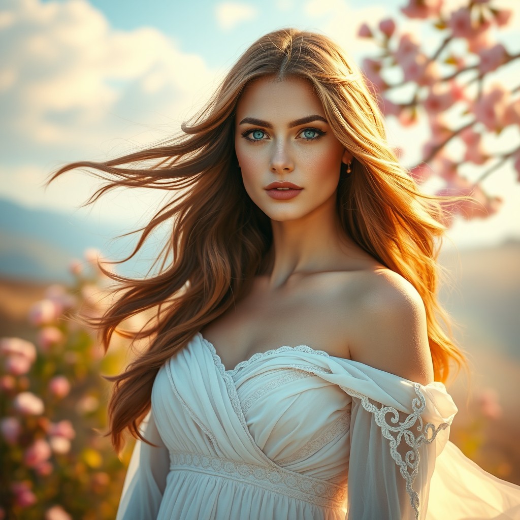 A captivating portrait of a woman named Clio, with long flowing chestnut hair and striking blue eyes