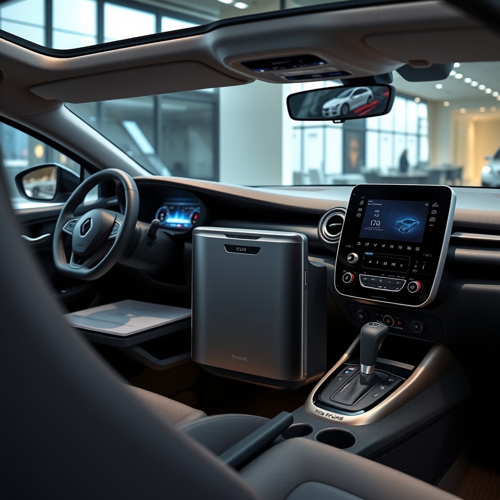 A detailed visualization of a 2016 Renault Clio interior featuring a modern design, focusing on the central panel where a mini fridge is seamlessly integrated