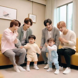 K-pop band Stray Kids playfully interacting with a cute, chubby baby amidst them, all of them dressed casually and displaying a wide range of positive emotions. The setting is a bright, cheerful living room.