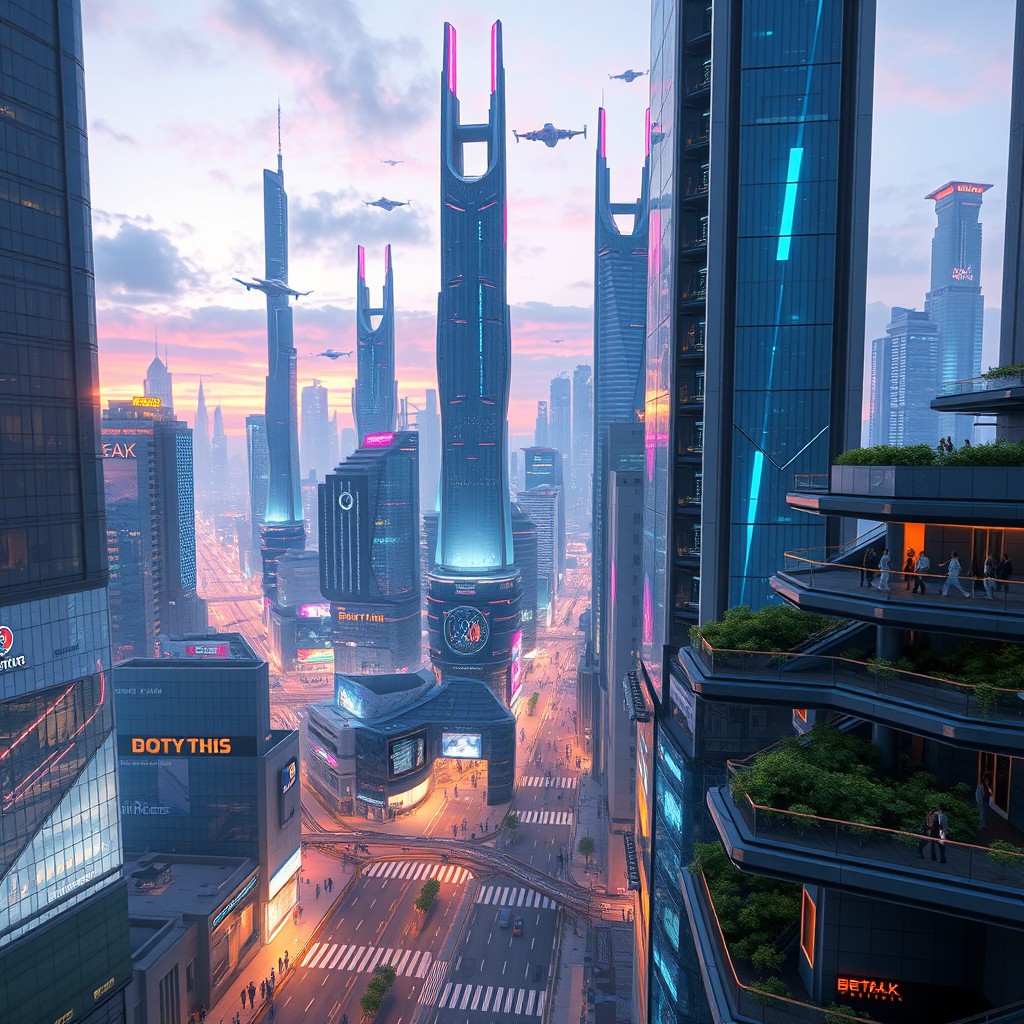 A sleek and modern digital art representation of a futuristic cityscape, showcasing towering skyscrapers made of glass and steel, vibrant neon lights illuminating the streets below, with flying cars zipping through the air