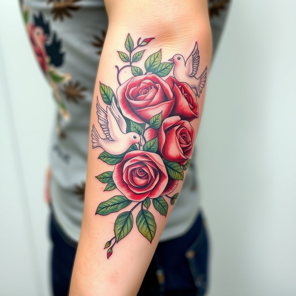 A stunning tricep tattoo design featuring an intricate arrangement of beautifully detailed roses and vibrant green leaves intertwined with elegant doves in flight