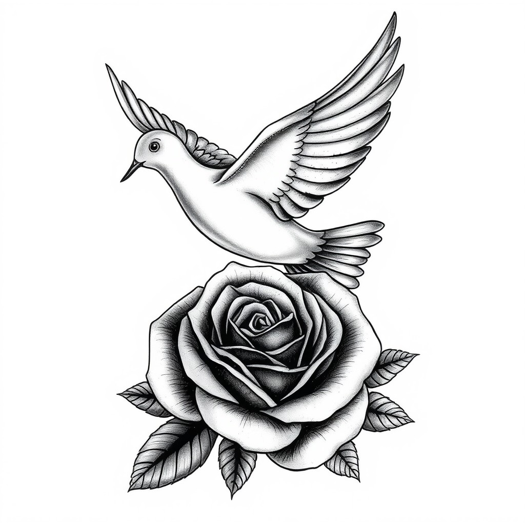 An elegant tattoo design featuring a dove gracefully flying above a beautifully detailed rose, rendered in intricate black and grey shades