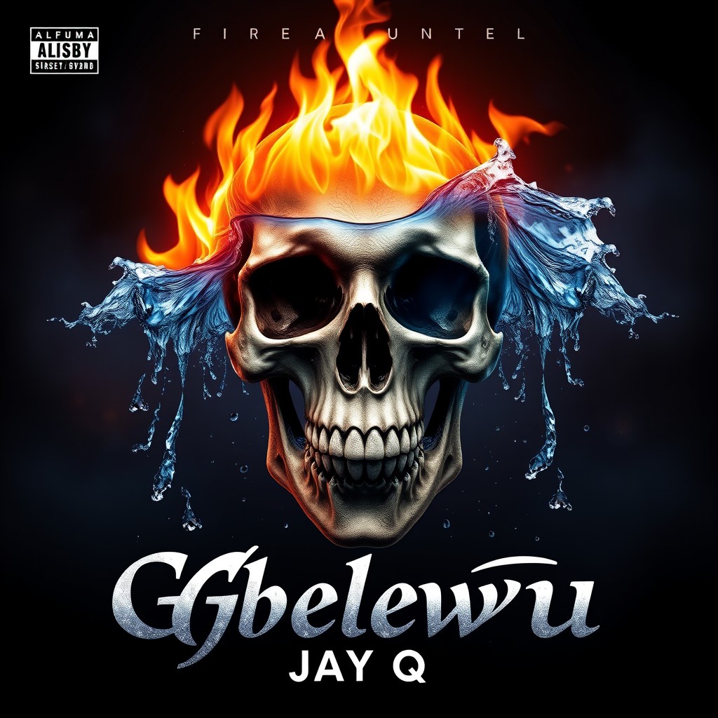 An album cover featuring the head of a skeleton, artistically designed with a striking interplay of fire and water elements
