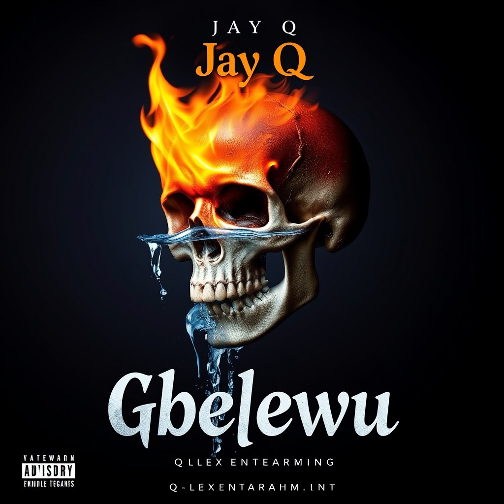 An album cover showcasing the head of a skeleton, intricately designed with vibrant elements of fire and water