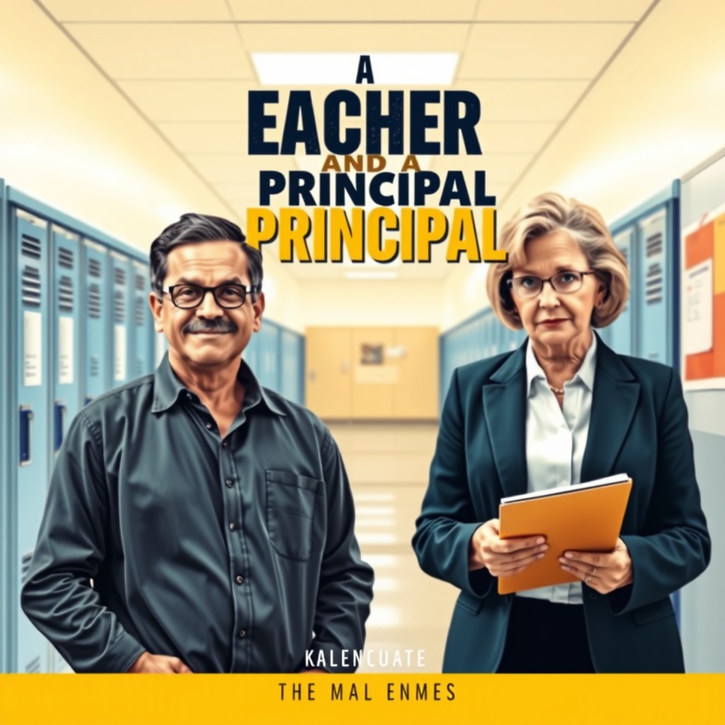 A book cover design featuring a dramatic scene between a charismatic teacher and a strict school principal