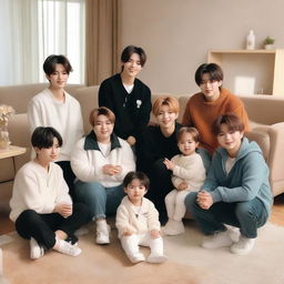 K-pop band Stray Kids playfully interacting with a cute, chubby baby amidst them, all of them dressed casually and displaying a wide range of positive emotions. The setting is a bright, cheerful living room.