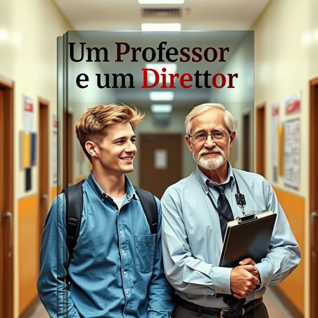 Uma capa de livro apresentando uma cena dramática entre um professor e um diretor, ambos homens