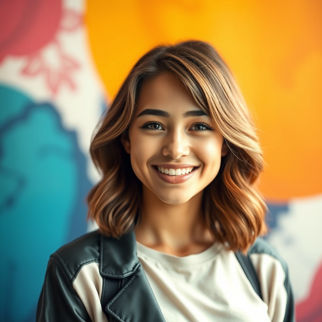A stylish and modern profile picture featuring a young adult with an expressive and confident smile, set against a soft-focus background of abstract colors
