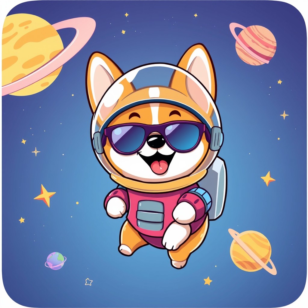 A cute cartoon illustration of a playful Corgi wearing a colorful space suit, complete with a helmet and stylish sunglasses, floating in space with stars and planets in the background