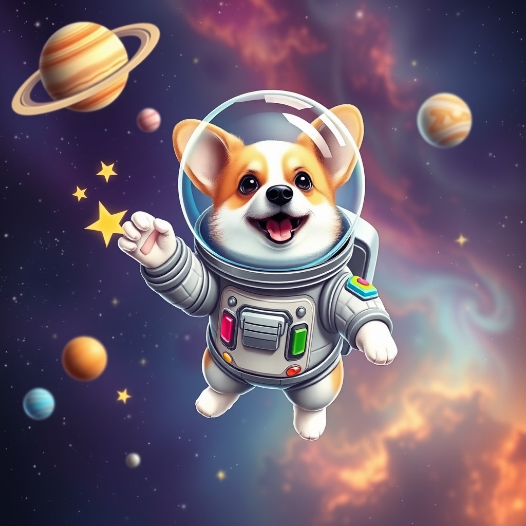 A cute corgi wearing a shiny, futuristic space suit, floating in the vastness of outer space