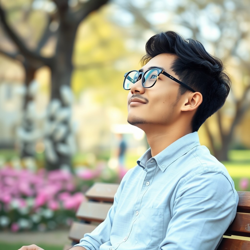 A thoughtful young man wearing stylish glasses, sitting on a park bench, gazing up at the sky with a contemplative expression