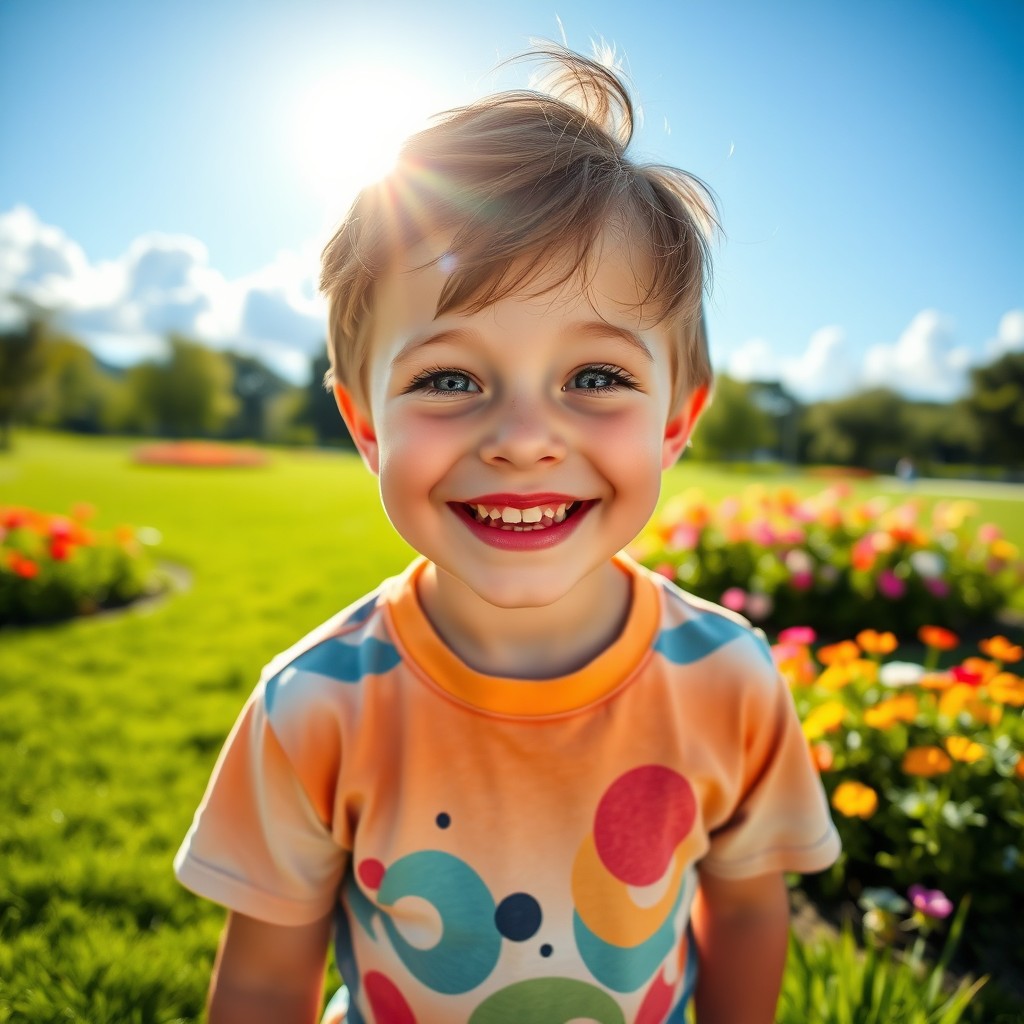 A cheerful young boy with a bright smile, wearing a colorful t-shirt and shorts, standing in a sunny park with green grass and colorful flowers around him