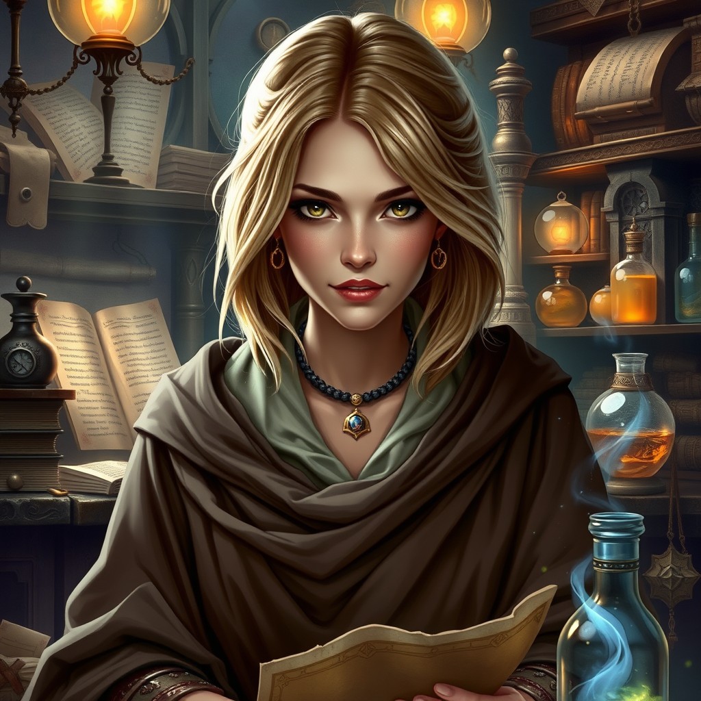 A portrait of Acarsa Winesheir, a majestic Human Arch-Mage with shoulder-length light brown, almost blonde hair and striking brown eyes