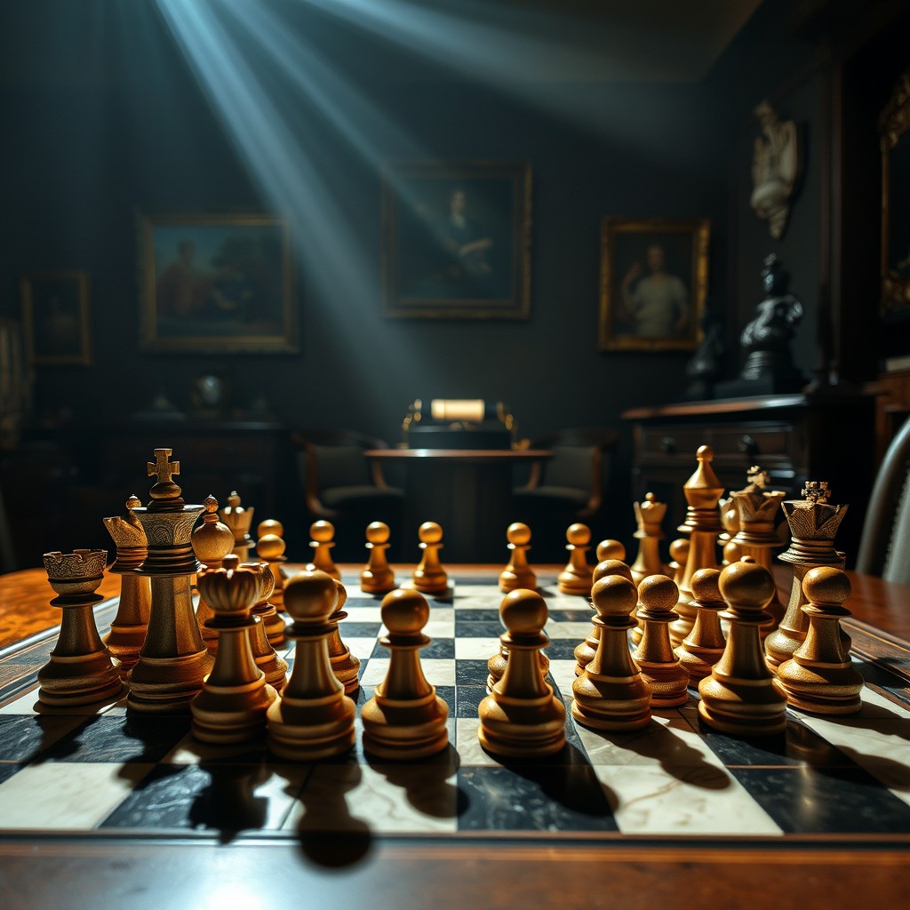 A beautifully arranged chessboard with intricate pieces, showcasing a classic match in progress