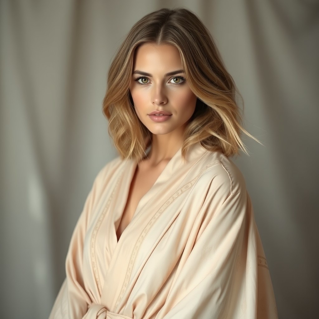 A person with light brown almost blonde shoulder length hair and captivating brown eyes, dressed in elegant flowing robes that cascade gracefully around them