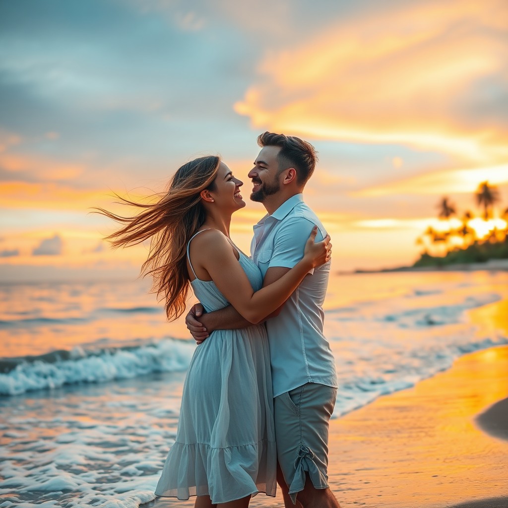 A romantic couple embracing each other on a scenic beach at sunset, with waves gently crashing on the shore