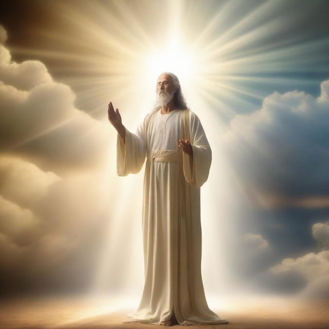 An ethereal image of divine blessing, where a radiant figure of God extends a hand from the heavens, showering blessings. Light rays, heavenly clouds, and spiritual symbols abound in the scene.