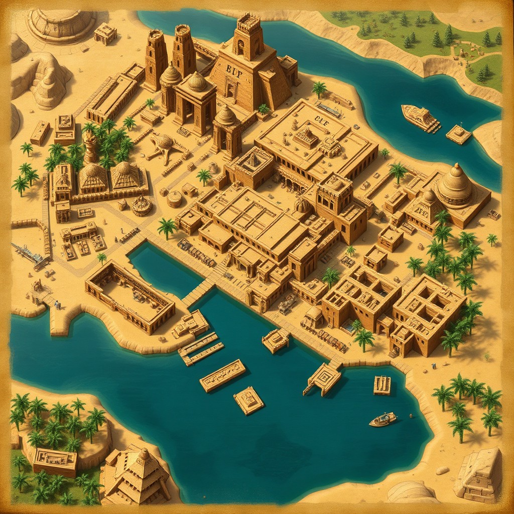 A detailed Dungeons and Dragons map of Ancient Thebes, featuring intricate layouts of temples, palaces, and residential areas