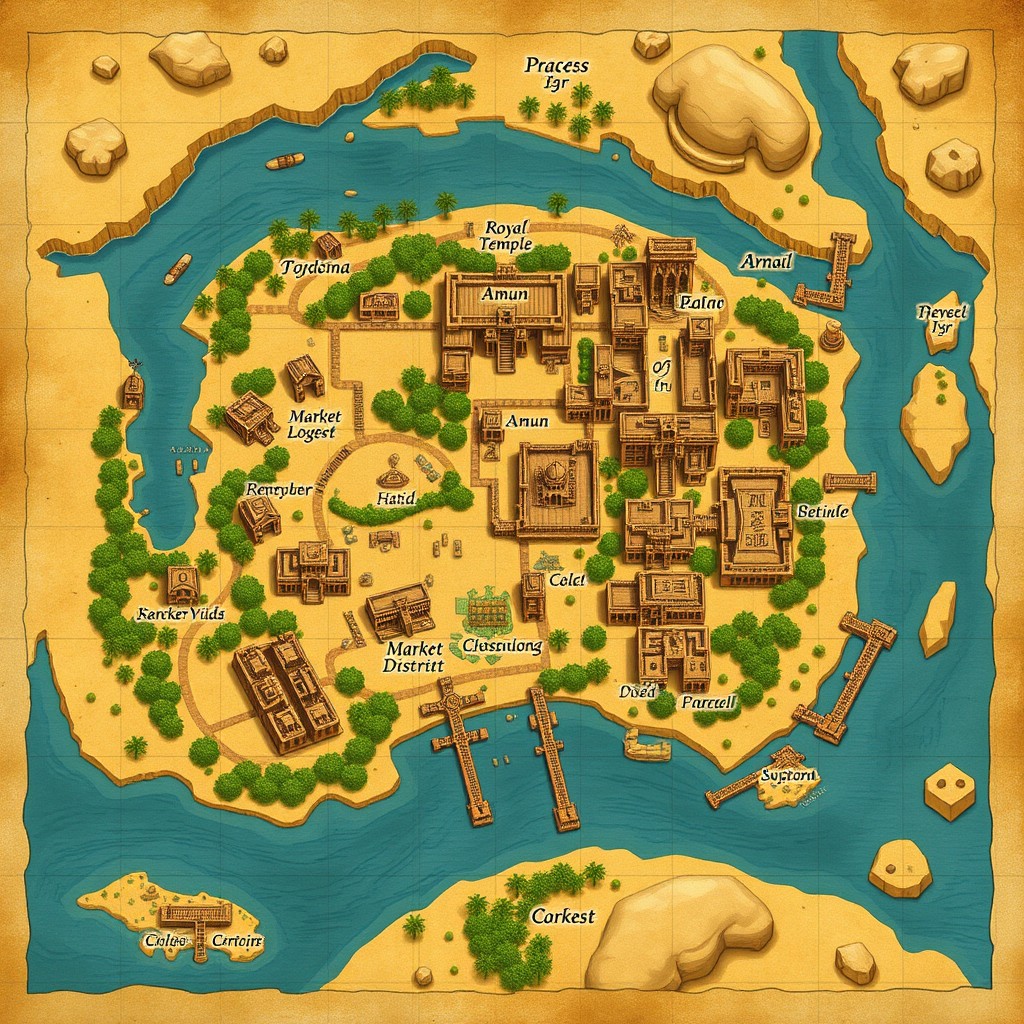 A detailed Dungeons and Dragons map of Ancient Thebes, complete with area labels