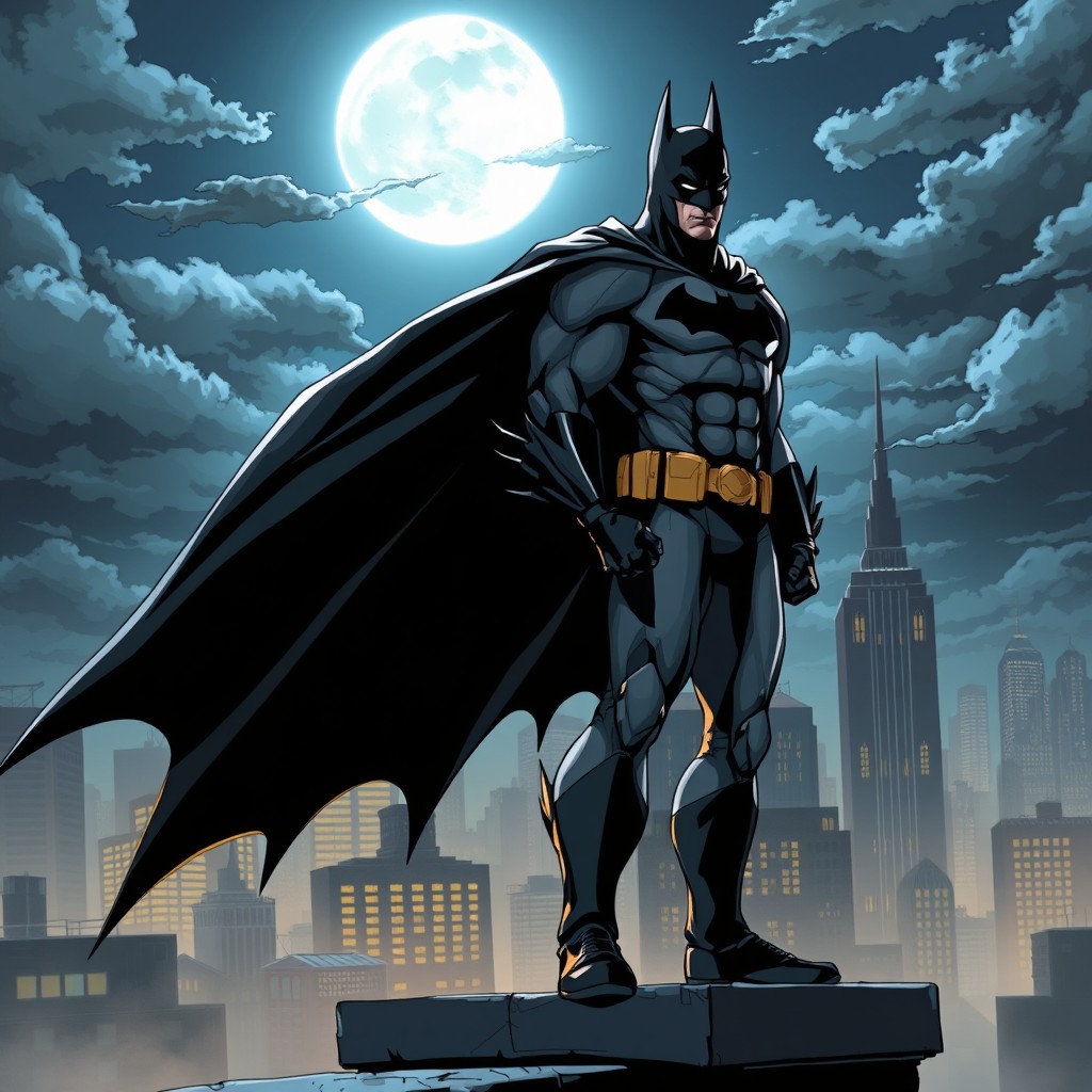 A dynamic illustration of Batman standing on a Gotham City rooftop at night, his cape billowing in the wind