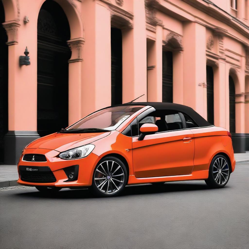 This is a high-resolution photograph of a tuned Mitsubishi Colt CZC convertible in a striking bright coral color