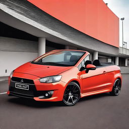 This is a high-resolution photograph of a tuned Mitsubishi Colt CZC convertible in a striking bright coral color