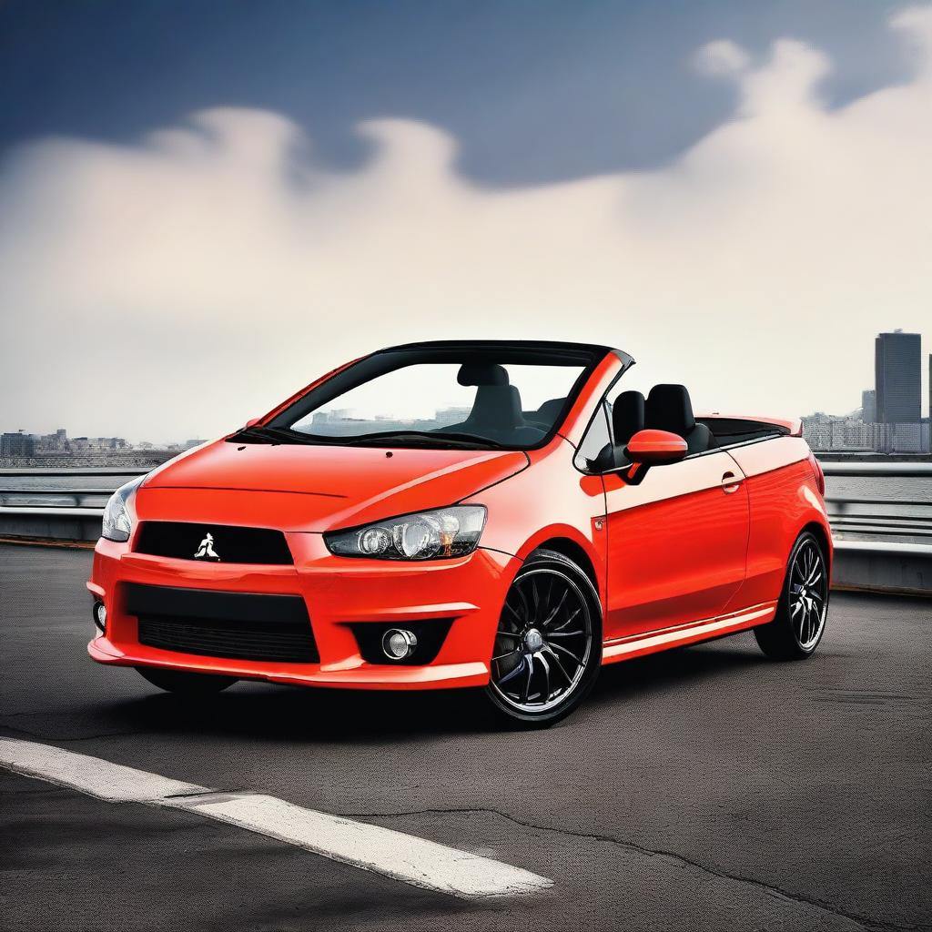 This is a high-resolution photograph of a tuned Mitsubishi Colt CZC convertible in a striking bright coral color