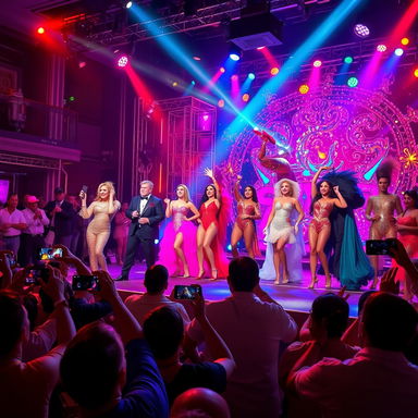 A vibrant showbiz scene, featuring glamorous performers on stage with dazzling lights and an enthusiastic audience