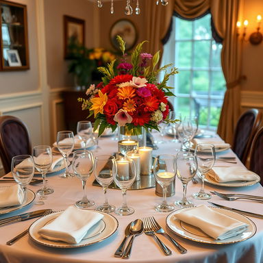 A beautifully set dining table adorned with exquisite dinnerware, sparkling crystal glassware, and elegant silver cutlery
