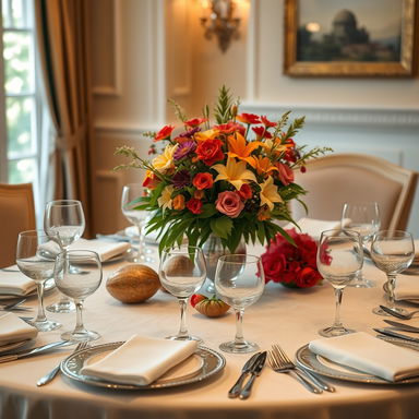 A beautifully set dining table adorned with exquisite dinnerware, sparkling crystal glassware, and elegant silver cutlery